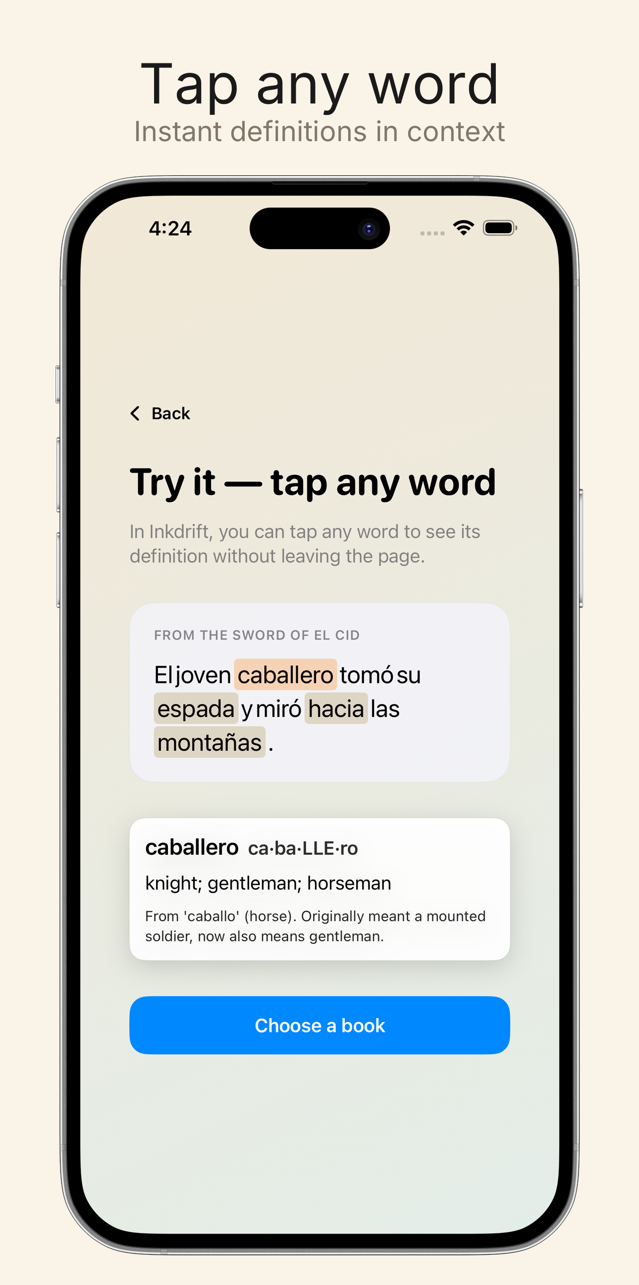 Tap any word for a definition in context